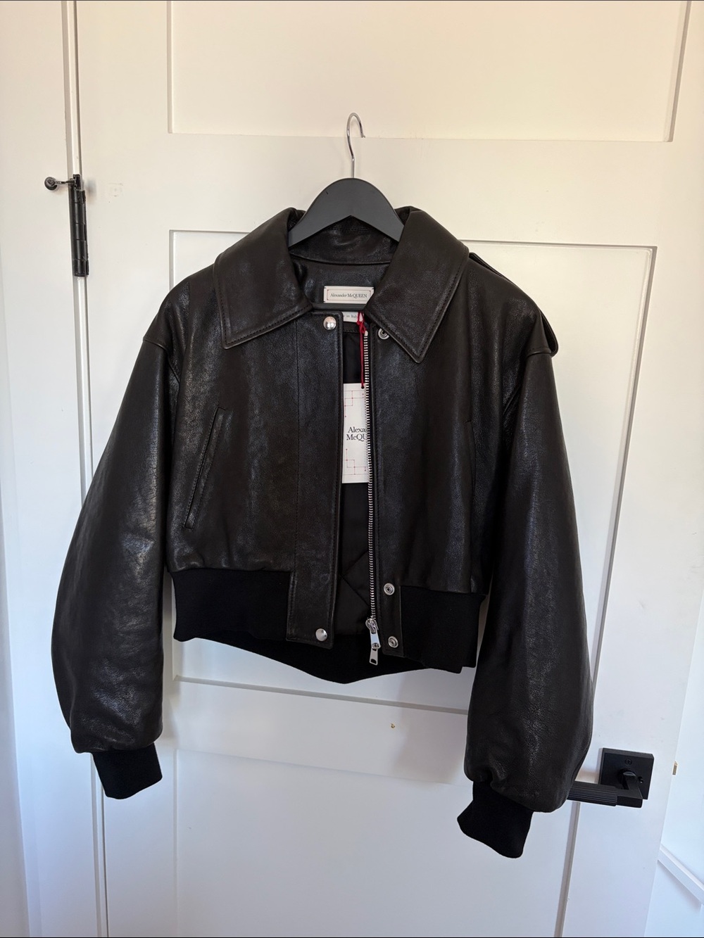 Alexander McQueen Black Leather Cropped Bomber Jacket